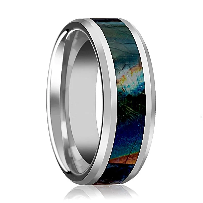 Women’s gold ring-Spectrolite Inlaid Men's Tungsten Wedding Band with Beveled Edges & Polished Finish - 8MM