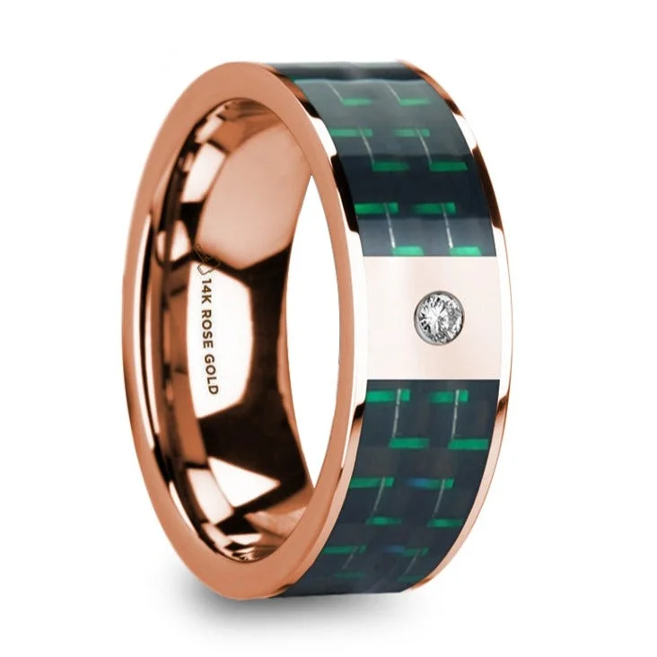 Women’s modern engagement rings-14k Rose Gold Men's Wedding Band with Black & Green Carbon Fiber Inlay and Diamond