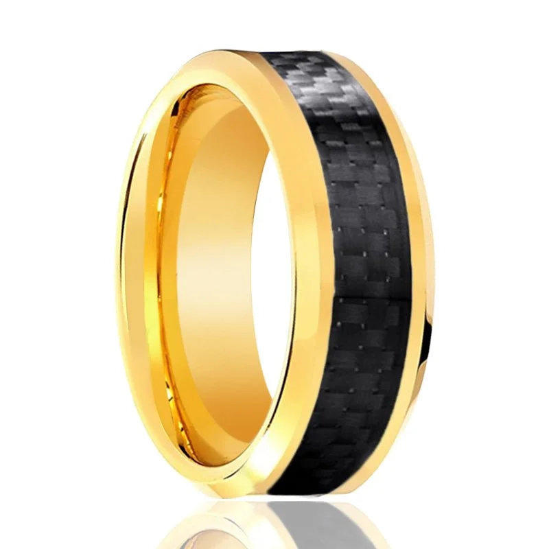 Women’s infinity ring-Yellow Gold High Polished Tungsten Ring with Black Carbon Fiber Inlay Beveled Edge