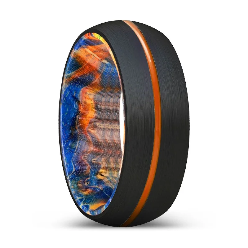 Women’s minimalist ring-PRESTIGIOUS | Blue & Yellow/Orange Wood, Black Tungsten Ring, Orange Groove, Domed