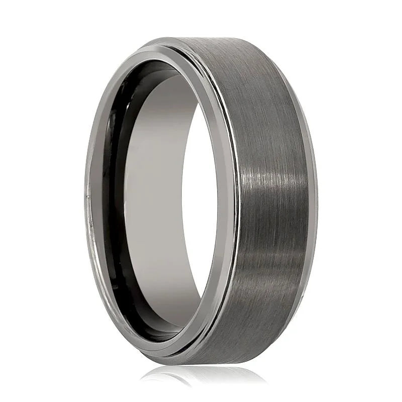 Women’s wedding band-BOUNCER | Gun Metal Tungsten Ring, Brushed, Stepped Edge