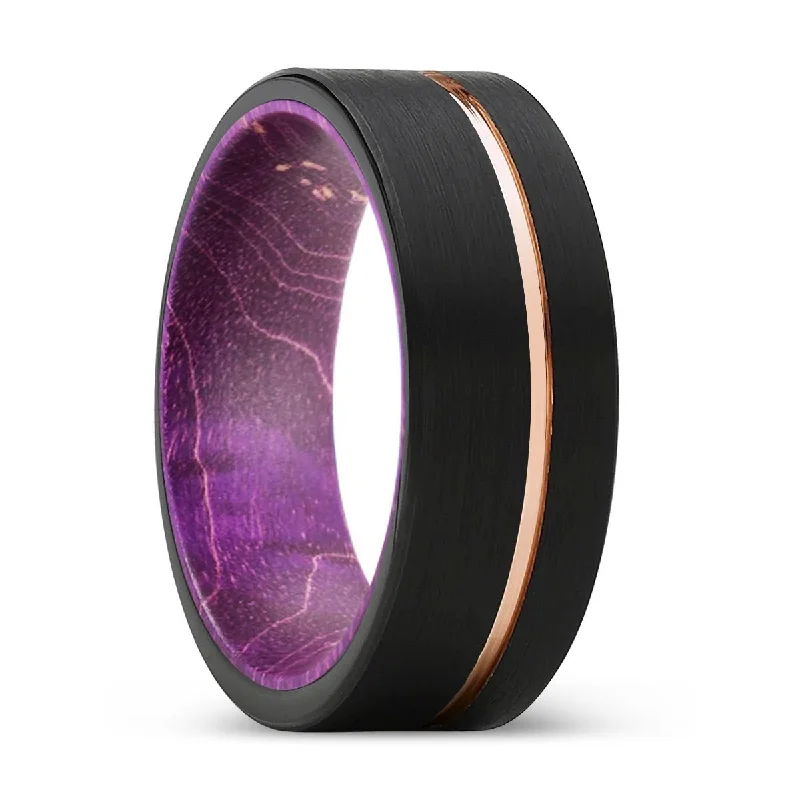 Women’s pear-shaped ring-VIRTUE | Purple Wood, Black Tungsten Ring, Rose Gold Offset Groove, Brushed, Flat