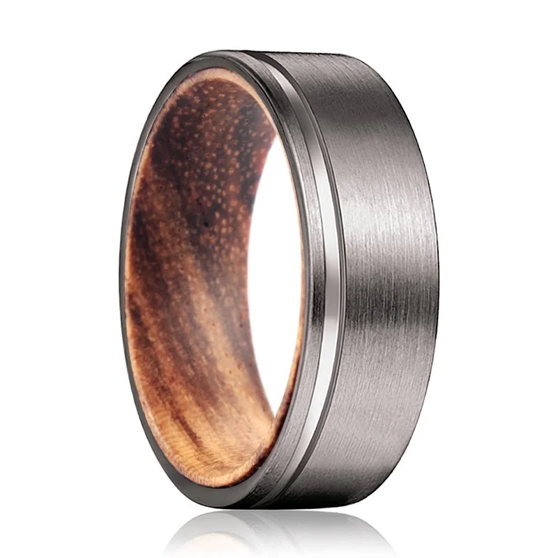 Women’s platinum engagement ring-SPARKS | Zebra Wood, Gunmetal Tungsten Offset Groove