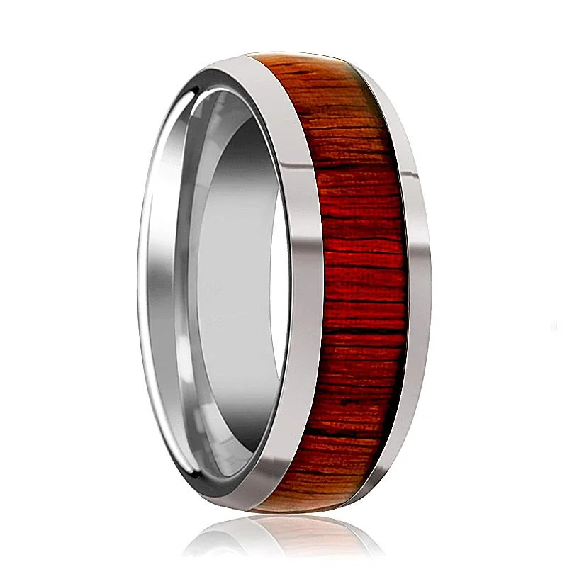 Women’s hammered gold ring-MUKWA | Silver Tungsten Ring, Padauk Wood Inlay, Domed