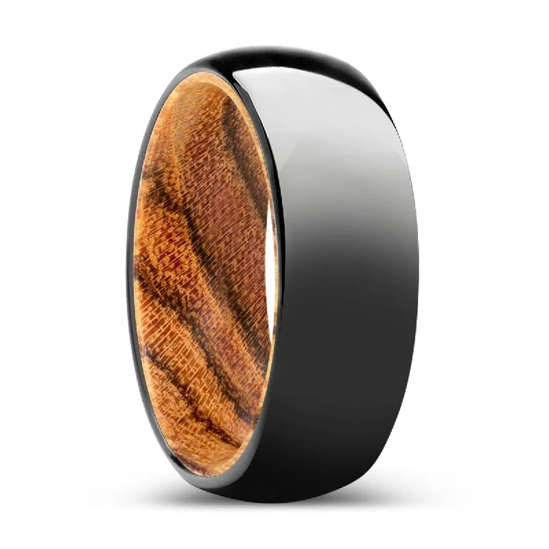 Women’s boho ring-ENCHANT | Bocote Wood, Black Tungsten Ring, Shiny, Domed Tungsten