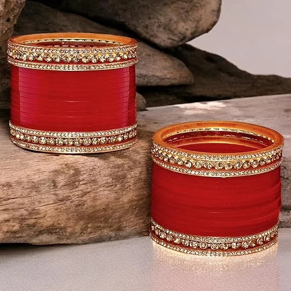 Women’s double-strand bracelet-Tehzeeb Creations Bridal Bangle Set Wedding punjabi chuda, Designer chura CZ Stone Maroon Color Choora Set for Women