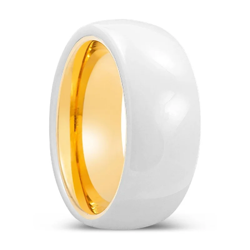 Women’s two-band ring-GLIMMER | Gold Ring, White Ceramic Ring, Domed