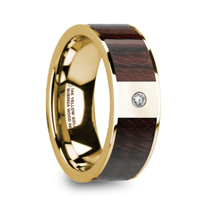 Women’s custom engagement rings-14k Yellow Gold Men's Wedding Band with Bubinga Wood Inlay & Diamond