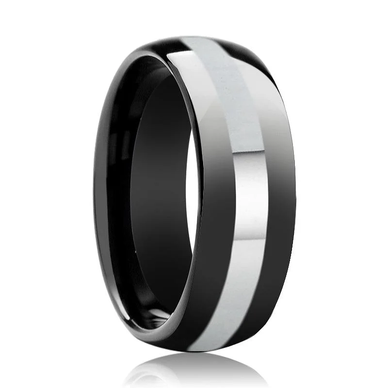 Women’s moonstone ring-IRONCLAD | Black Tungsten Ring, Silver Stripe, Domed