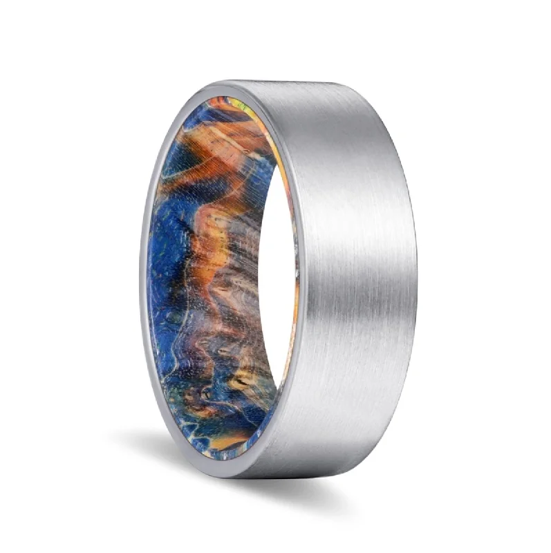 Women’s adjustable ring-FISHER | Blue & Yellow/Orange Wood, Silver Tungsten Ring, Brushed, Flat