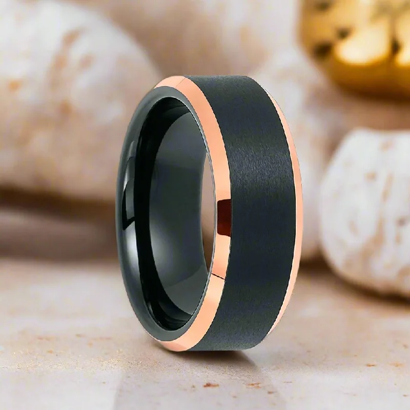 Women’s engraved wedding ring-LEONARD | Black Tungsten Ring, Brushed, Rose Gold Beveled