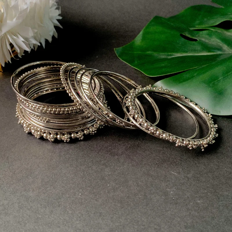 Women’s layered bracelets-Navratri Ethnic Traditional Silver Oxidized Bangle Set For Women - Wahe Jewels