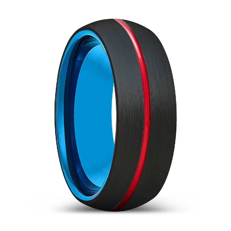 Women’s adjustable ring-VICTOR | Blue Tungsten Ring, Black Tungsten Ring, Red Groove, Domed