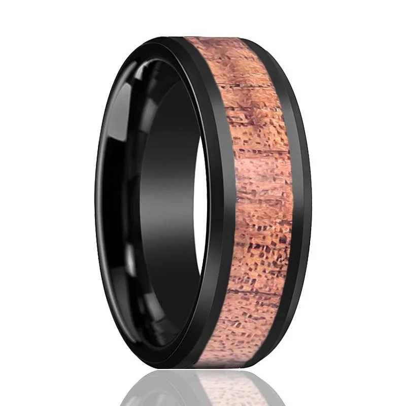 Women’s mixed metal ring-RHYTHM | Black Tungsten Ring, Koa Wood Inlay, Beveled