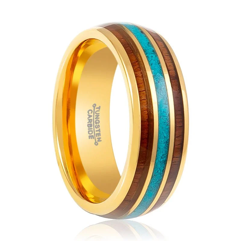 Women’s personalized ring-GUNNAR | Gold Tungsten Ring, Rosewood & Crushed Turquoise Inlay, Domed