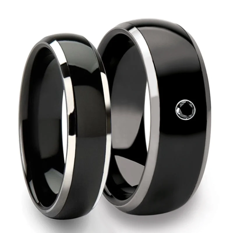 Women’s diamond halo engagement rings-Black Ceramic & Tungsten with Black Diamond Couple's Matching Wedding Band Set