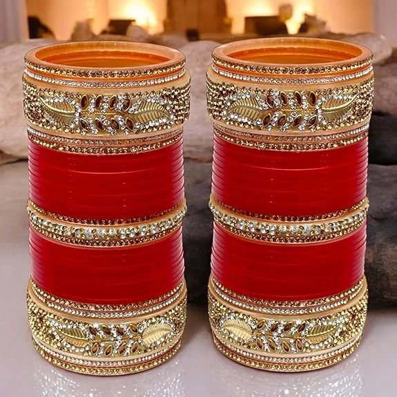 Women’s sterling silver bangle-Tehzeeb Creations Bridal Bangle Set Red Designer Chura Wedding Punjabi Choora Fashion Jewellery Chuda Set for Women