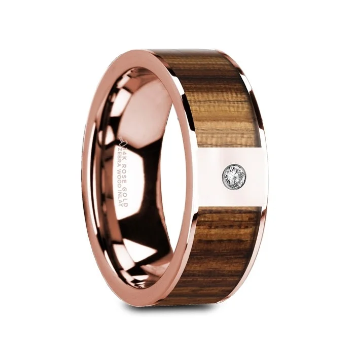 Women’s engagement rings with halo diamonds-14k Rose Gold Men's Wedding Band with Zebra Wood Inlay & Diamond