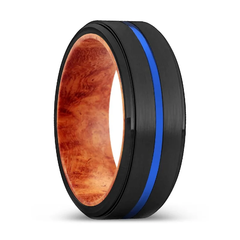 Women’s infinity ring-DELIGHTED | Red Burl Wood, Black Tungsten Ring, Blue Groove, Stepped Edge