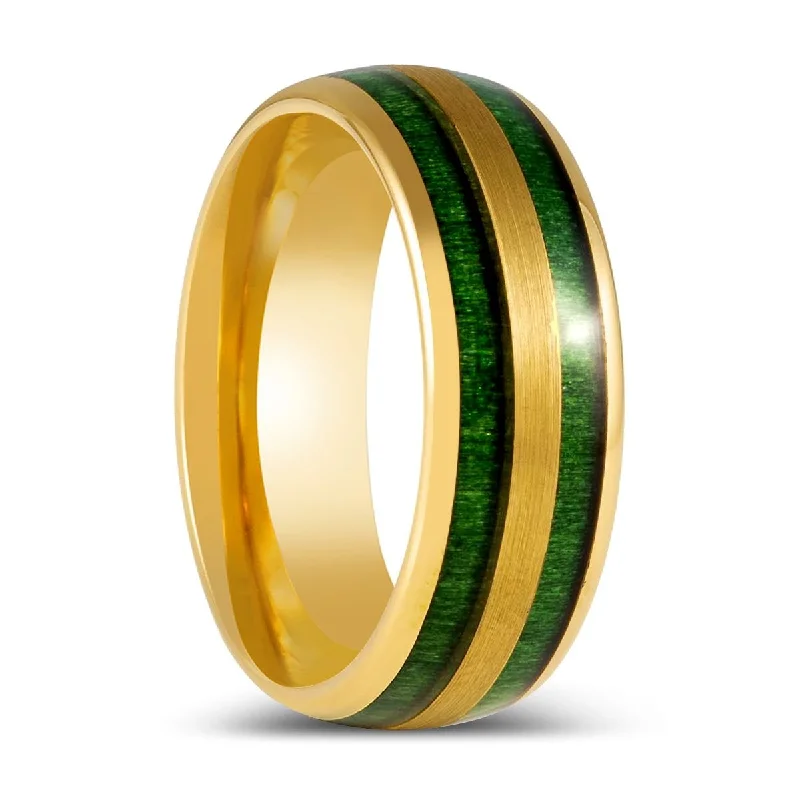 Women’s radiant-cut ring-GARRISON | Gold Tungsten Ring, Green Jade Wood Inlay, Domed