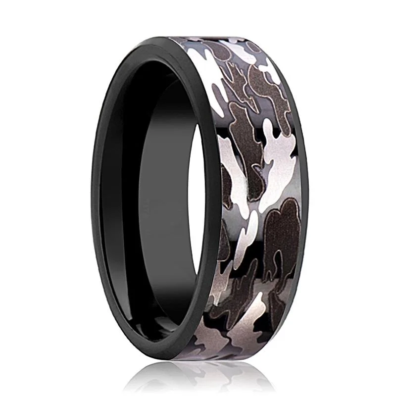 Women’s diamond infinity ring-Men's Black Tungsten Wedding Band with Black & Gray Camo Inlay and Bevels - 8MM