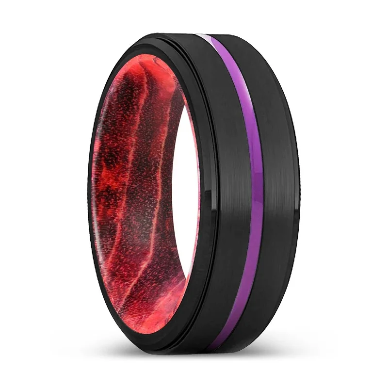 Women’s eternity ring-LAUNCESTON | Black & Red Wood, Black Tungsten Ring, Purple Groove, Stepped Edge