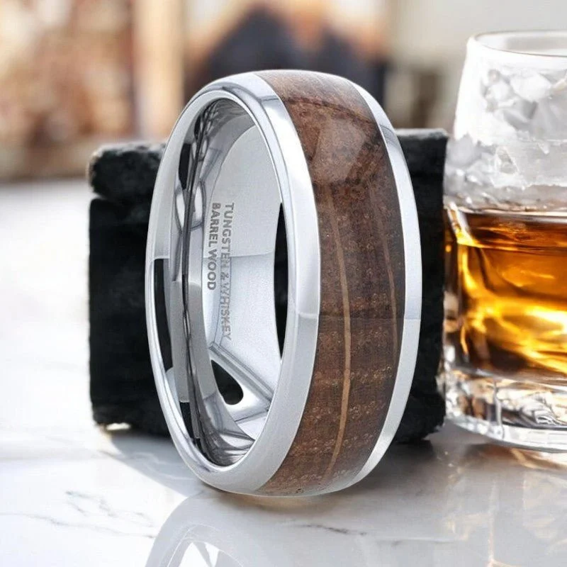 Women’s opal ring-FORMENT | Silver Tungsten Ring, Whiskey Barrel Inlay, Domed Polished Edges