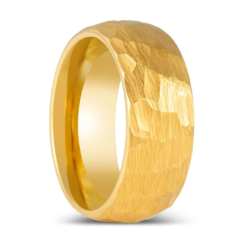 Women’s diamond ring-AURIGA | Gold Tungsten Ring, Hammered Finish, Domed