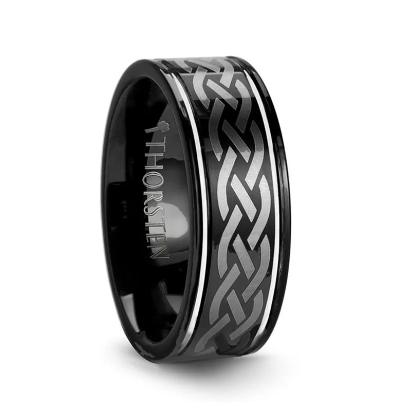 Women’s square-shaped ring-KILDARE | Tungsten Ring Celtic Engraved