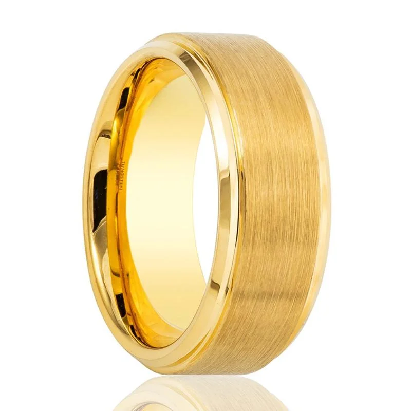 Women’s square-shaped ring-NIX | Gold Tungsten Ring, Brushed, Stepped Edge