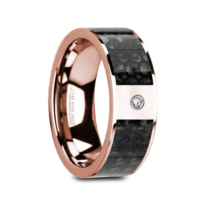 Women’s trendy engagement rings-Blue Dinosaur Bone Inlay & Diamond 14k Rose Gold Men's Wedding Band