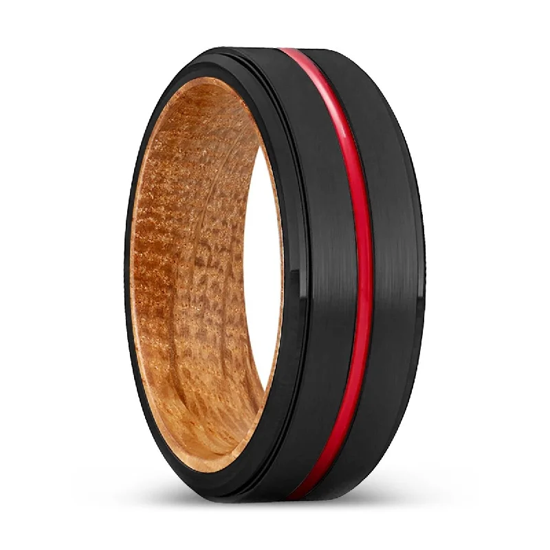 Women’s romantic ring-WONDER | Whiskey Barrel Wood, Black Tungsten Ring, Red Groove, Stepped Edge