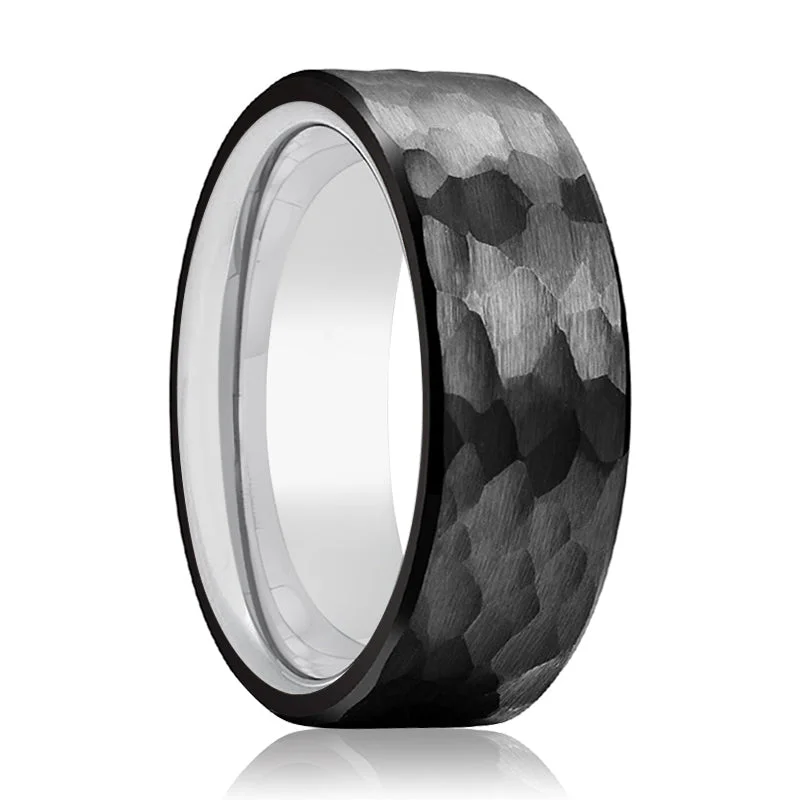 Women’s vintage diamond ring-RIDER | Silver Ring, Black Tungsten Ring, Hammered, Flat