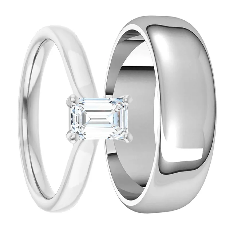 Women’s engagement rings with emerald stones-14k White Gold & Lab-Created Emerald-Cut Diamond Couple's Matching Wedding Band Set