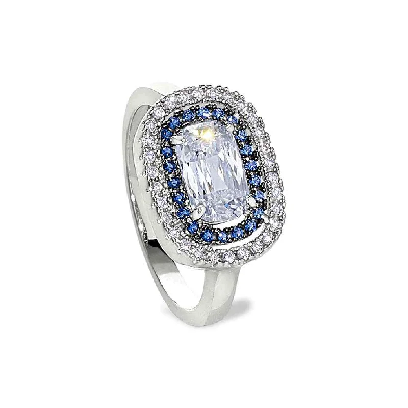 Women’s three-stone engagement rings-Platinum and Black Sterling Silver Ring with Synthetic Blue Sapphire and Hand Set Simulated Diamonds