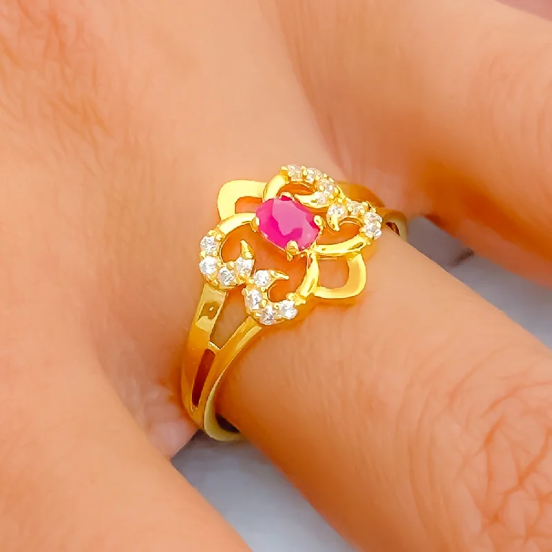 Women’s friendship ring-Ornate Flower 22k Gold CZ Ring