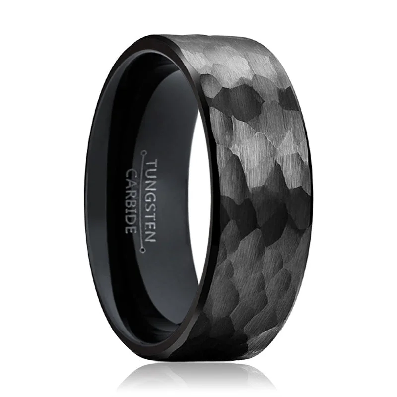 Women’s heart-cut ring-BANDIT | Black Ring, Black Tungsten Ring, Hammered, Flat