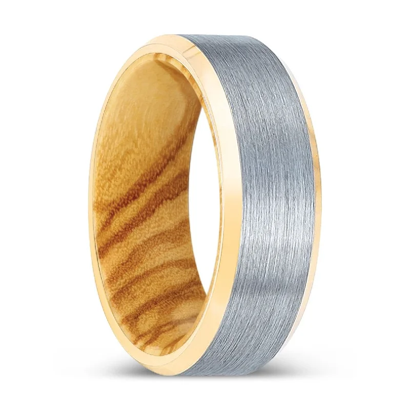 Women’s halo ring-PEACHPAW | Olive Wood, Brushed, Silver Tungsten Ring, Gold Beveled Edges