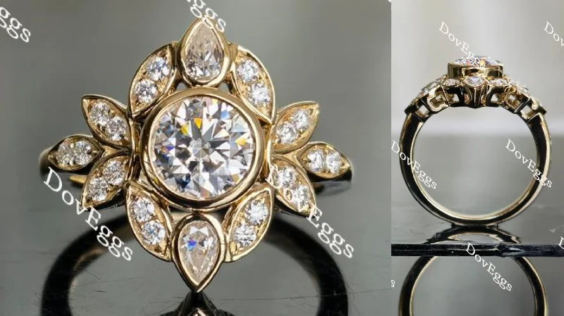 Women’s unique gemstone engagement rings-Doveggs round floral setting moissanite engagement ring