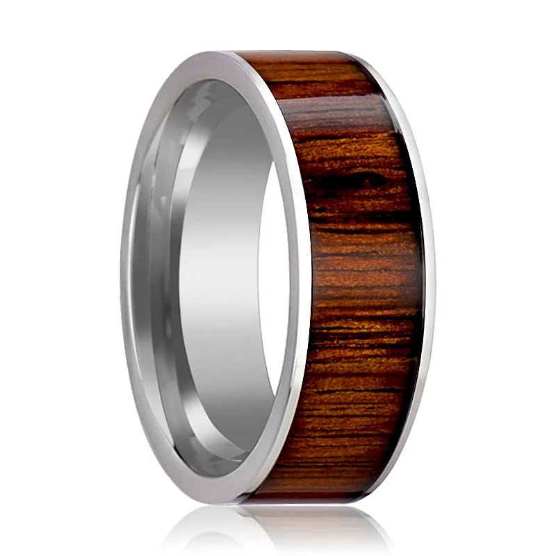 Women’s black diamond ring-KALANI | Silver Tungsten Ring, Rare Koa Wood Inlay, Flat