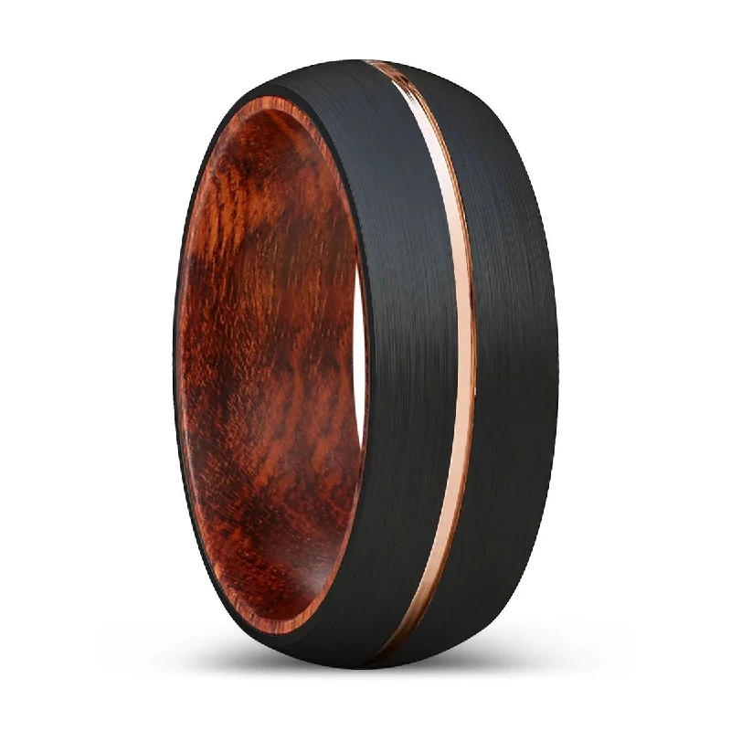 Women’s designer ring-JABBA | Snake Wood, Black Tungsten Ring, Rose Gold Groove, Domed