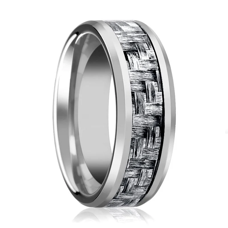 Women’s adjustable band ring-SKYLO | Silver Tungsten Ring, Grey Carbon Fiber Inlay, Beveled