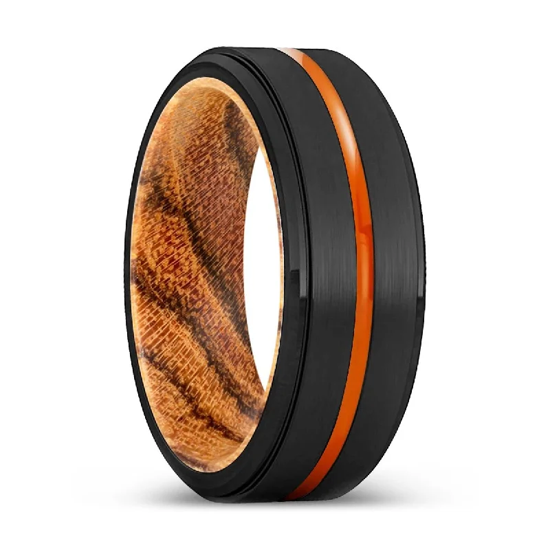 Women’s designer ring-MODESTO | Bocote Wood, Black Tungsten Ring, Orange Groove, Stepped Edge