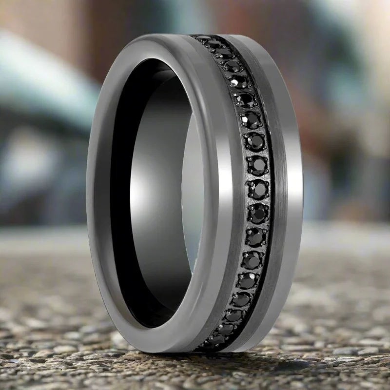 Women’s vintage gold ring-INFINITUM | Gun Metal Tungsten Ring, Black CZ Eternity, Flat