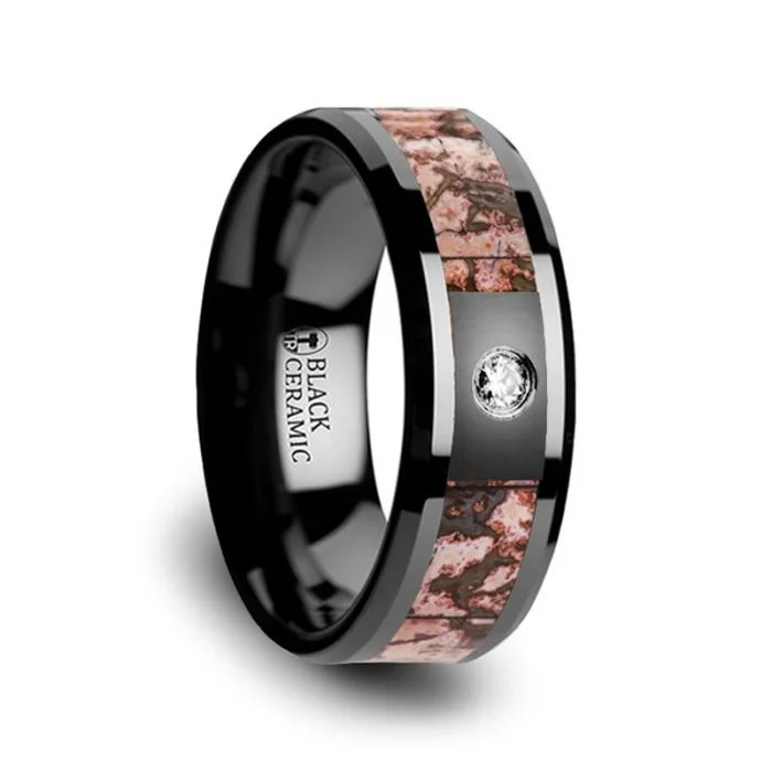 Women’s halo diamond engagement rings with side stones-Black Ceramic Men's Wedding Band with Pink Dinosaur Bone Inlay & Diamond