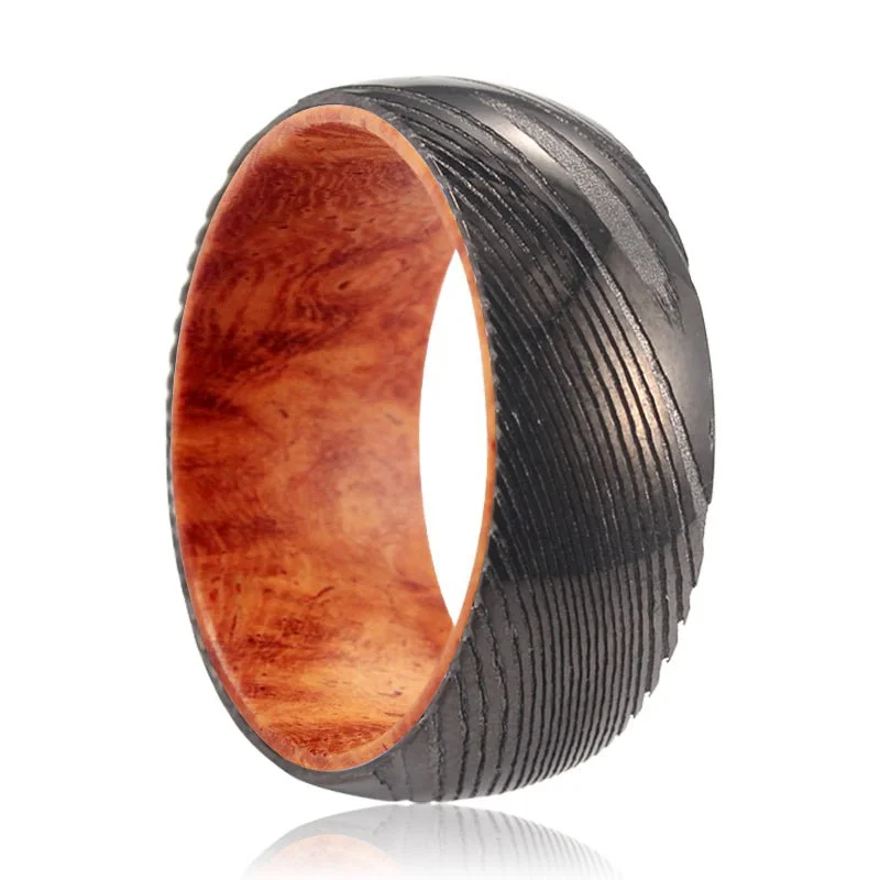 Women’s flower-shaped ring-CLANCY | Red Burl Wood, Gunmetal Damascus Steel Ring, Domed