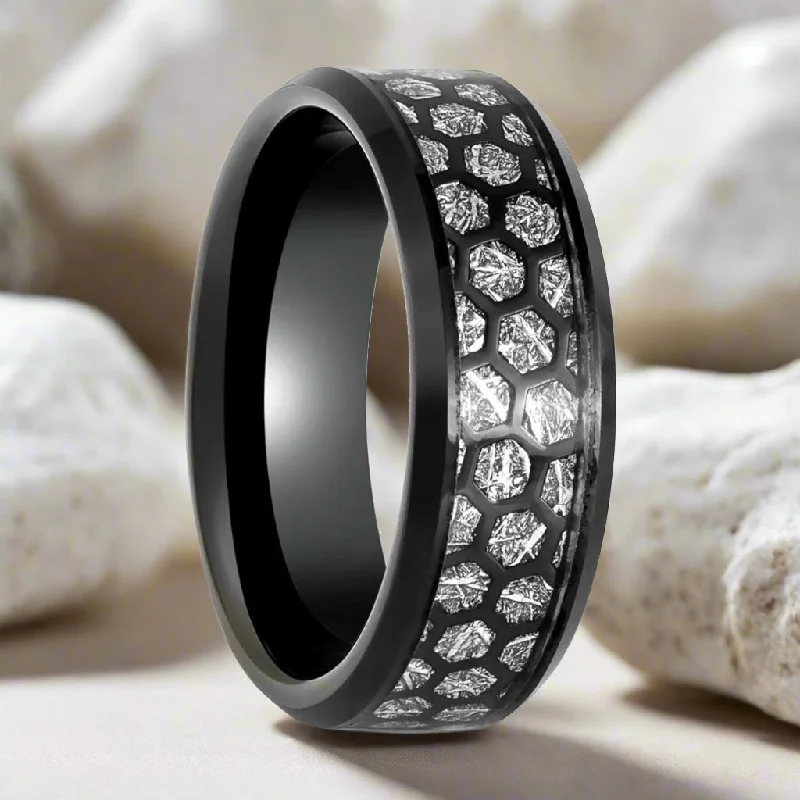 Women’s simple wedding ring-NIKNAM | Black Tungsten Ring, Honecomb Meteorite Inlay, Beveled