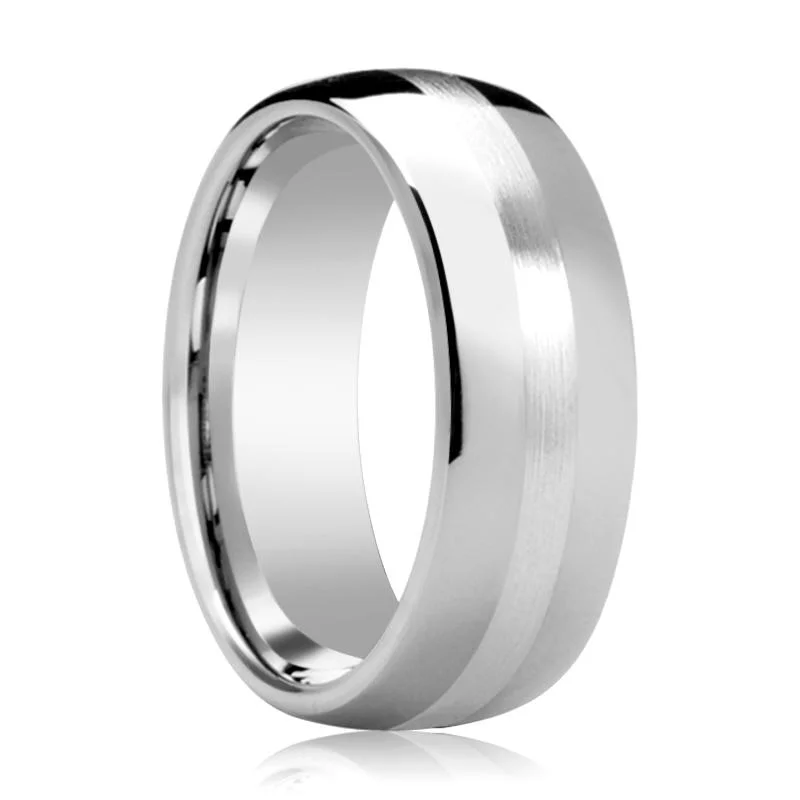 Women’s spiritual ring-CASSIUS | Silver Tungsten Ring, Sterling Silver Stripe Inlay, Domed