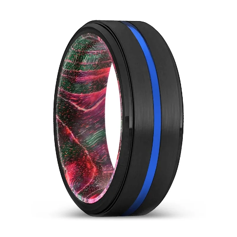 Women’s blue sapphire ring-SMISON | Green & Red Wood, Black Tungsten Ring, Blue Groove, Stepped Edge