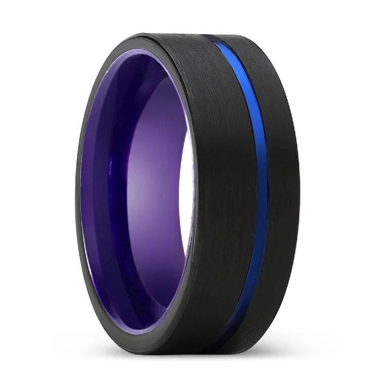 Women’s ring with diamonds-REGAL | Purple Ring, Black Tungsten Ring, Blue Offset Groove, Flat